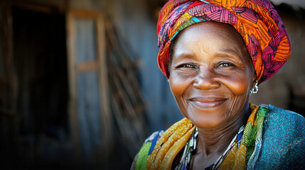 Fototapeta premium smiling elderly woman wearing colorful headwrap and vibrant clothing, showcasing joy and warmth in rural setting