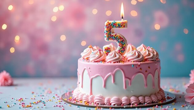 5th Birthday Cake with Pink Frosting, Colorful Sprinkles, and a Lit Number 5 Candle on a Festive Background
