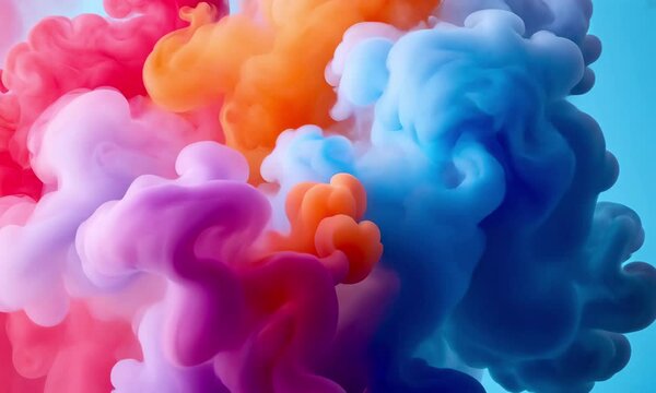 Colorful smoke clouds swirl together, creating a dynamic and vibrant visual effect against a blue background.