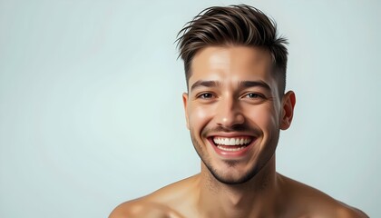 close up headshot of a handsome gay white man male model with facial hair smiling