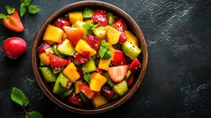Fresh and Colorful Fruit Salad with Mint in Wooden Bowl