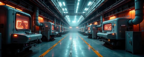 Obraz premium Retro-futuristic factory interior, complex machinery processing temporal energy , time distortion, pipes, time travel