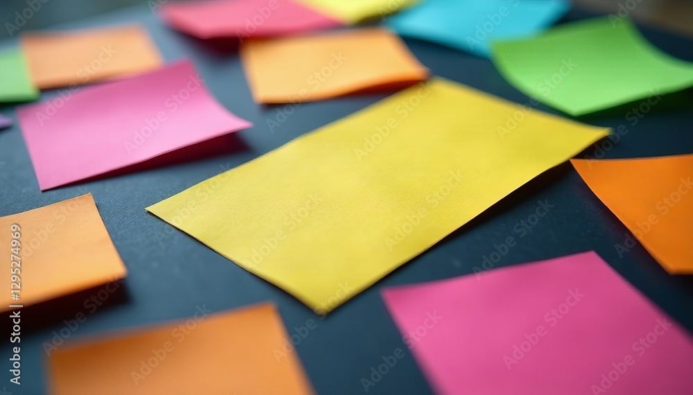Wall mural close up of colorful array of sticky notes on dark surface, communication, organization