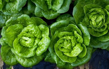 Fototapeta premium Fresh Green Lettuce Heads Close Up Farm Organic