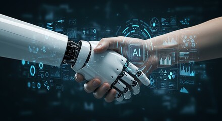 "Futuristic AI Concept: Human and Robot Handshake with Holographic Tech Interface
