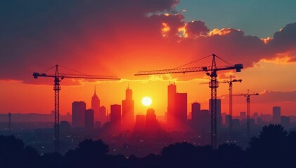 Sun dips below majestic skyline; construction cranes silhouette against fiery sky , urban development, modern, metropolitan