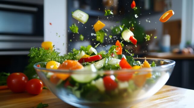Fresh vegetables cascading into a salad bowl, embodying simplicity and health.
