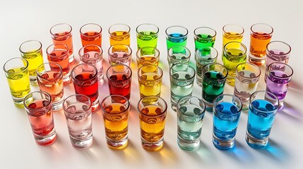 Vibrant Array of Colorful Shot Glasses Filled with Layered Drinks on a Bright Background