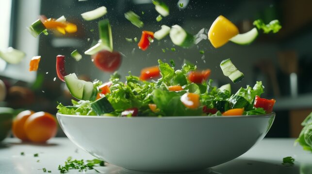 Fresh vegetables cascading into a salad bowl, embodying simplicity and health.
