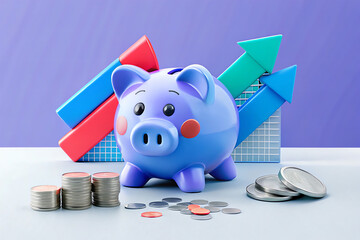 colorful piggy bank surrounded by coins and growth charts symbolizes savings and financial growth. cheerful design evokes sense of optimism about money management
