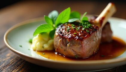 Close up of mint sprig next to tender roasted lamb shank, restaurant, savory