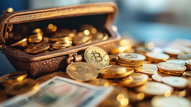 A vintage wallet overflowing with gold coins and a Bitcoin symbol, symbolizing wealth and digital currency.