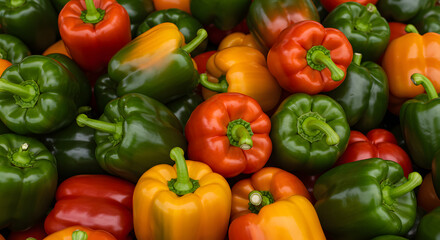 A vibrant assortment of red, yellow, and green bell peppers, showcasing their freshness and variety, perfect for culinary use.