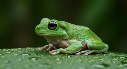 Close-Up of Green Frog Sitting on Leaf with Water Droplets in Rainforest