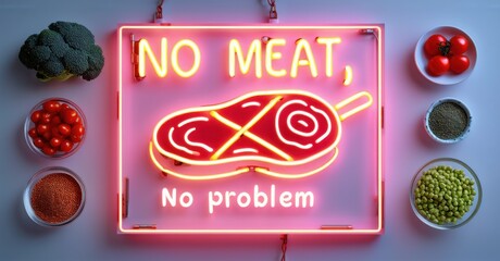 Neon sign no meat problem glowing plate crossed steak icon plant based ingredients around bright colorful realistic photo