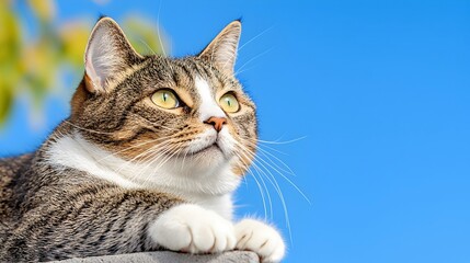 Fototapeta premium Beautiful Cat Gazing at Sky with Clear Blue Background in Nature