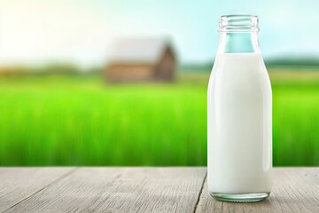 A glass milk bottle stands on a wooden table in front of a blurred green field and barn, evoking a fresh, rural atmosphere.
