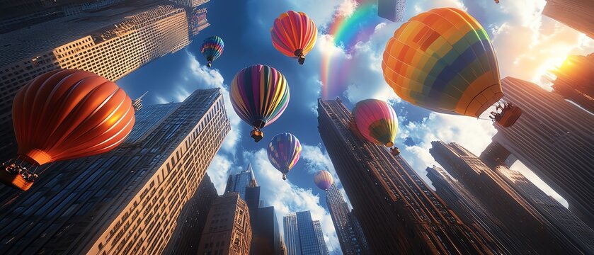 Hot air balloons soaring above city skyscrapers.
