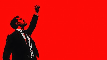 Empowered Businessman in Suit Raising Fist Against Bold Red Background