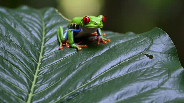 Vibrant Red-Eyed Tree Frog Sitting Still on Green Leaf, Fixed Camera Wildlife Footage, Exotic Amphibian Close-Up, Tropical Rainforest Scene, Colorful Animal Portrait, Nature Documentary Background