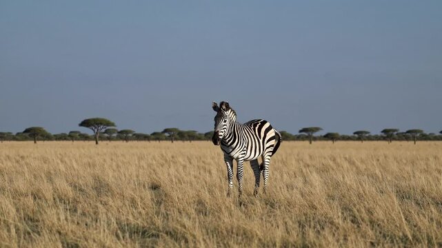 Wild Zebra Standing Still in Natural Savannah Habitat, Fixed Camera Wildlife Footage, Striped Animal Close-Up, African Safari Scene, Serene Nature Documentary Video, Exotic Mammal Portrait Background