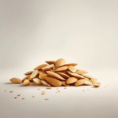 Pile of shelled almonds on a beige background.