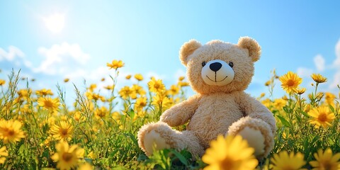 A cute teddy bear sitting in a meadow of vibrant yellow flowers framed by a clear blue sky