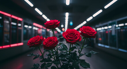 A bouquet of red roses stands out in a dimly lit urban alley, illuminated by neon lights, creating a contrast between natural beauty and city ambiance.