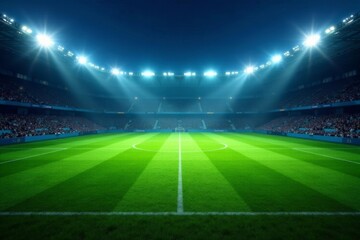 Lush green soccer field bathed in stadium lights at night, grass, lighting, design