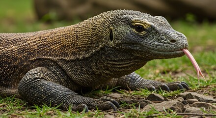 Close-Up of a Komodo Dragon with Its Tongue Out in Natural Habitat