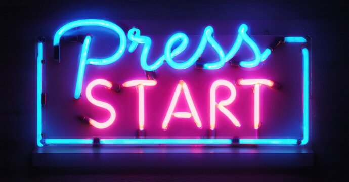Neon sign press start old school arcade button glowing lines pulsing futuristic energy bright colorful realistic photo