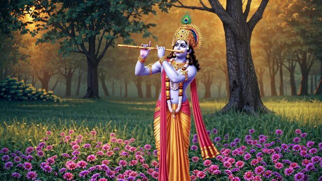 A vibrant illustration of a deity playing a flute in a forest, viewed from a low angle. The style is colorful and detailed, resembling a video game scene.