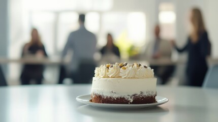 Executive departures with a farewell cake in the office break room. Featuring leadership change and career transition