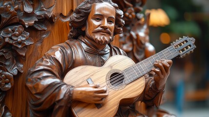 Fototapeta premium Intricate Wood Carving of a Musician Playing a Classical Guitar