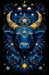 Fototapeta premium Blue cow with gold horns and a gold sun on its head. The cow is surrounded by stars and the sky