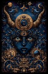 Fototapeta premium Woman with horns on her head and a face with a large eye. The woman is surrounded by a lot of stars and a clock