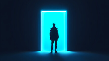 Fototapeta premium Person in Front of Blue Glowing Door