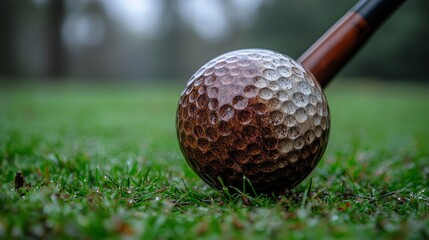 Antique Wooden Golf Club and Ball on Dewy Grass