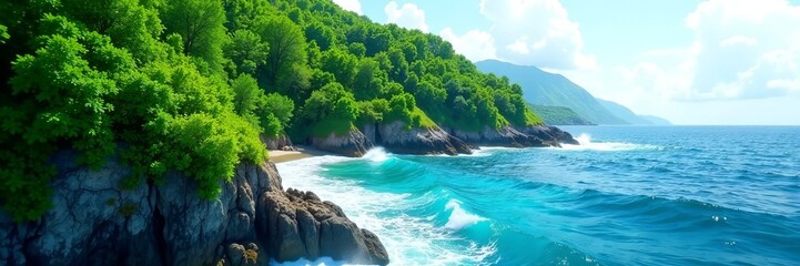 Fototapeta premium Lush green forest overlapping with blue ocean waves, blending in vibrant double exposure, blue, nature