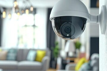 A modern security camera mounted on a wall, overlooking a stylish living room with bright decor and comfortable seating.