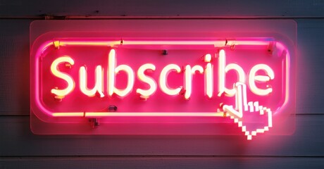 Neon sign subscribe glowing button pixelated mouse cursor clicking soft pulsing red glow bright colorful realistic photo