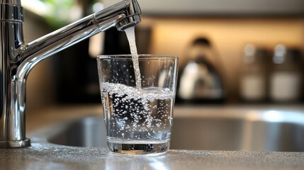 Crystal clear water pours into a glass from a chrome tap. Perfect for illustrating hydration, purity, or healthy lifestyle concepts.