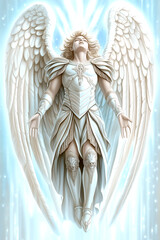 White angel with wings is standing in the air. The angel is wearing a white robe and is holding its arms outstretched. The image has a serene and peaceful mood