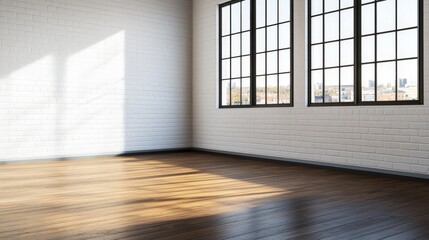 Spacious, sunlit room with large windows showcasing a city skyline in the background