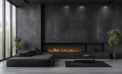 Modern dark gray living room with fireplace and city view