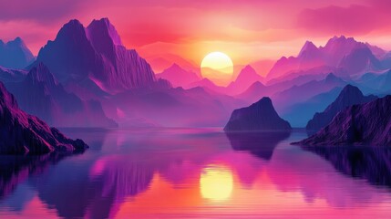 Vibrant sunset over purple mountains reflecting on a calm lake. Ideal for travel, nature, and serenity themes, evokes peace and tranquility.