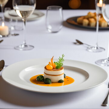 Exquisite fine dining gourmet food photography highlighting a luxurious dish with a stunning table setting, elegant silverware, ambient lighting, and a soft-focus background