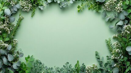 Lush Green Floral Frame with Copy Space Botanical Border of Eucalyptus, Rosemary, and White Flowers