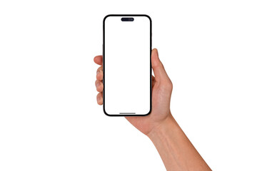Close-up of hand holding modern smartphone with blank screen isolated. High quality studio shot. Concept for technology, business, finance, advertising and public relations.