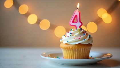Cupcake with White Frosting, Sprinkles, and a Lit Number 4 Candle for a 4th Birthday Celebration
